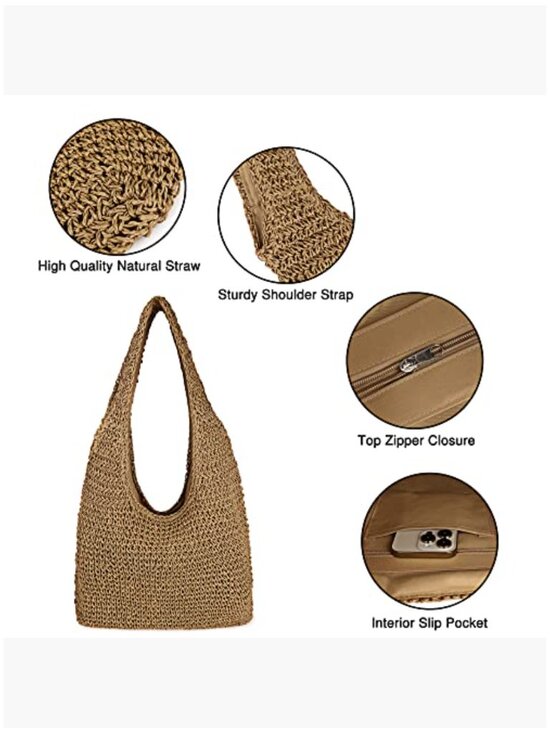 Handwoven Straw Tote Bag Large Hobo Shoulder Purse for Summer - Picture 4 of 6